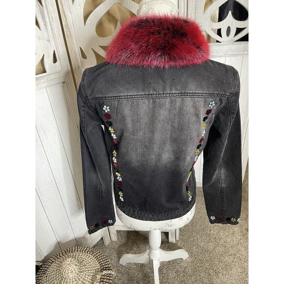 Desigual Denim Black Gray Jacket W/ Red Faux Fur Collar Velvet Flowers Size 42 - Picture 3 of 7